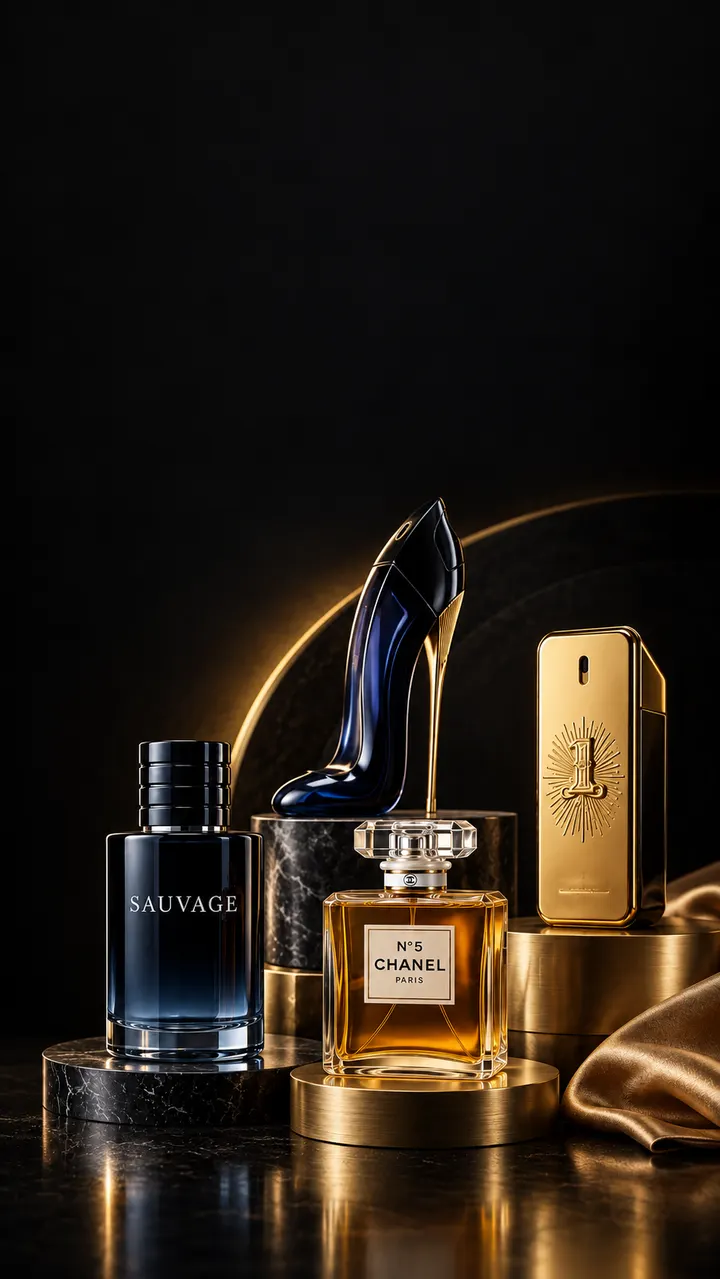 Frascos de Sauvage, Good Girl, Chanel N°5 y 1 Million sobre pedestales de mármol negro y latón